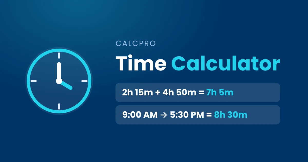 Time calculator adding 2 hours 15 minutes and 4 hours 50 minutes to get 7 hours 5 minutes